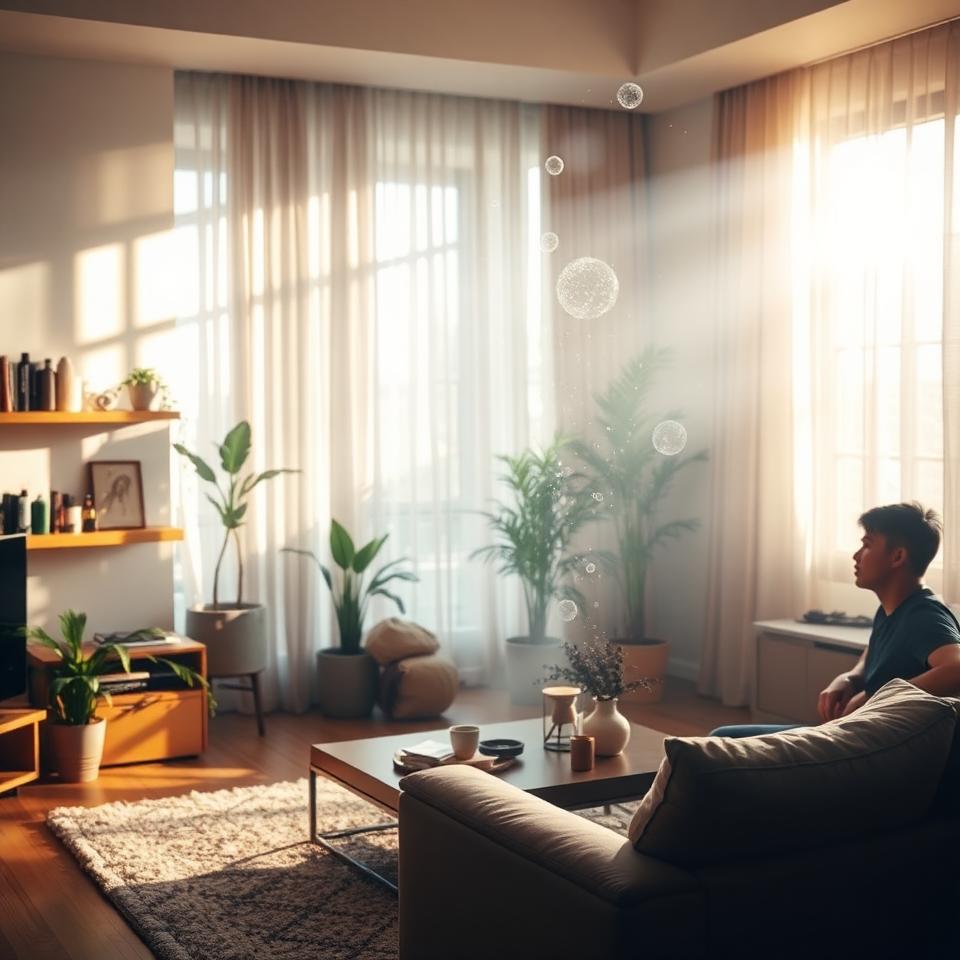 Modern living room with visible dust particles floating in sunbeam, indoor air pollution concept with plants in corner