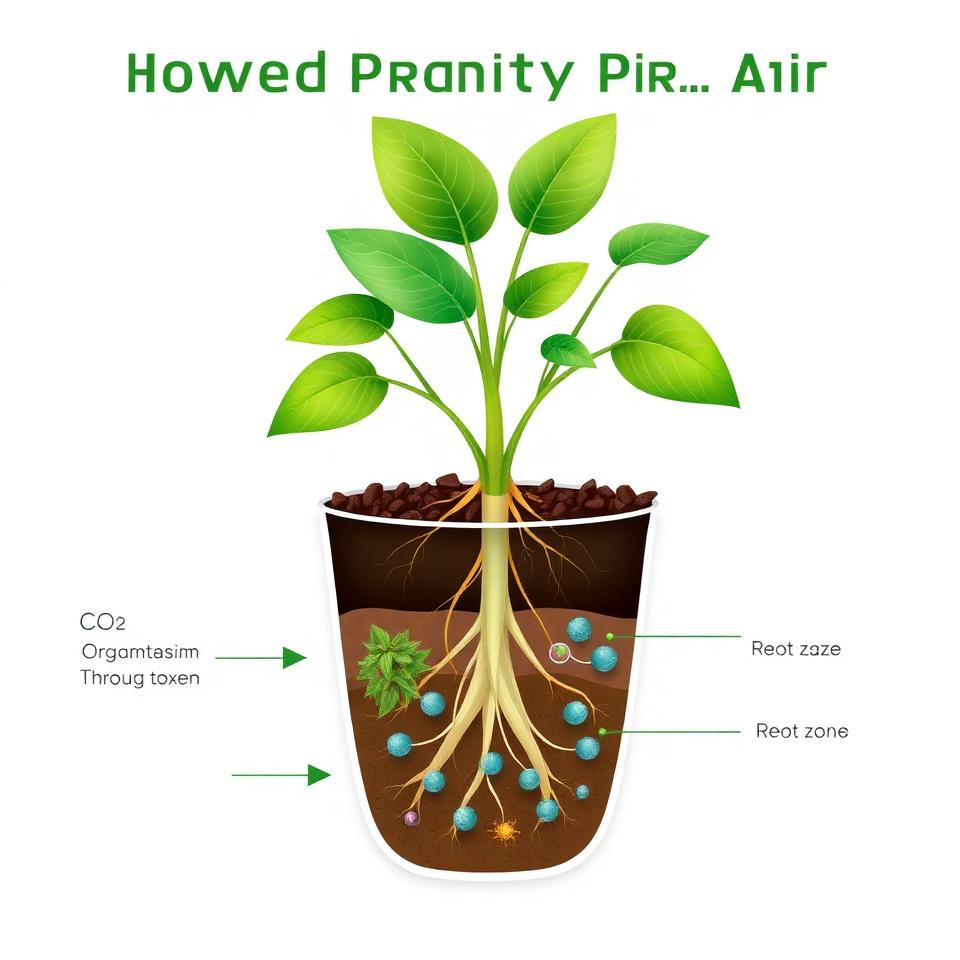 Scientific illustration showing how plants purify air with cross-section of potted plant, root zone microbes, and CO2 absorption