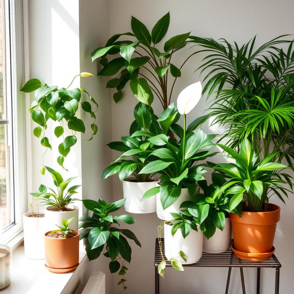 NASA-approved air purifying houseplants arranged on windowsill: pothos, peace lily, philodendron, and bamboo palm