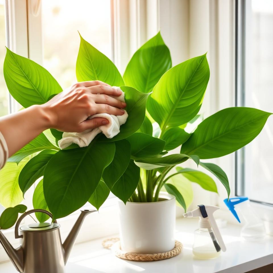 Hand carefully cleaning houseplant leaves with damp cloth on bright windowsill with watering can and spray bottle