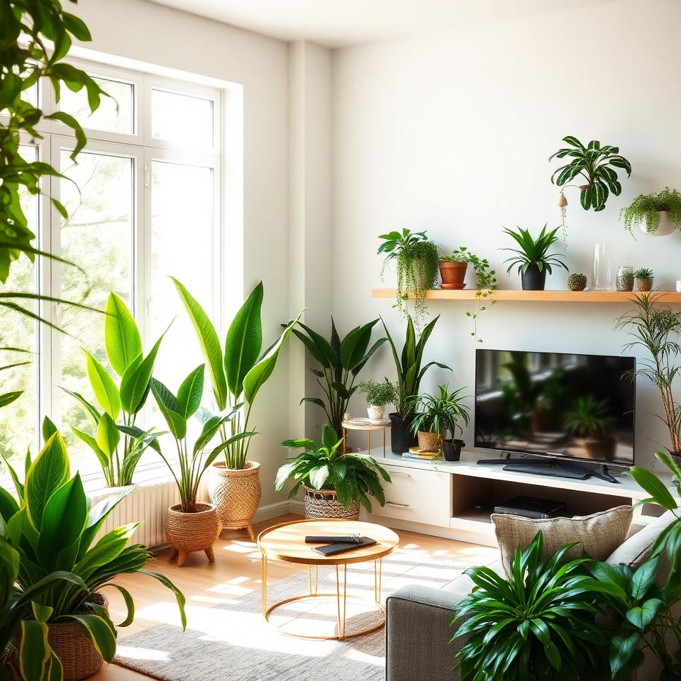 Bright modern living room filled with lush air purifying plants in biophilic interior design with natural sunlight