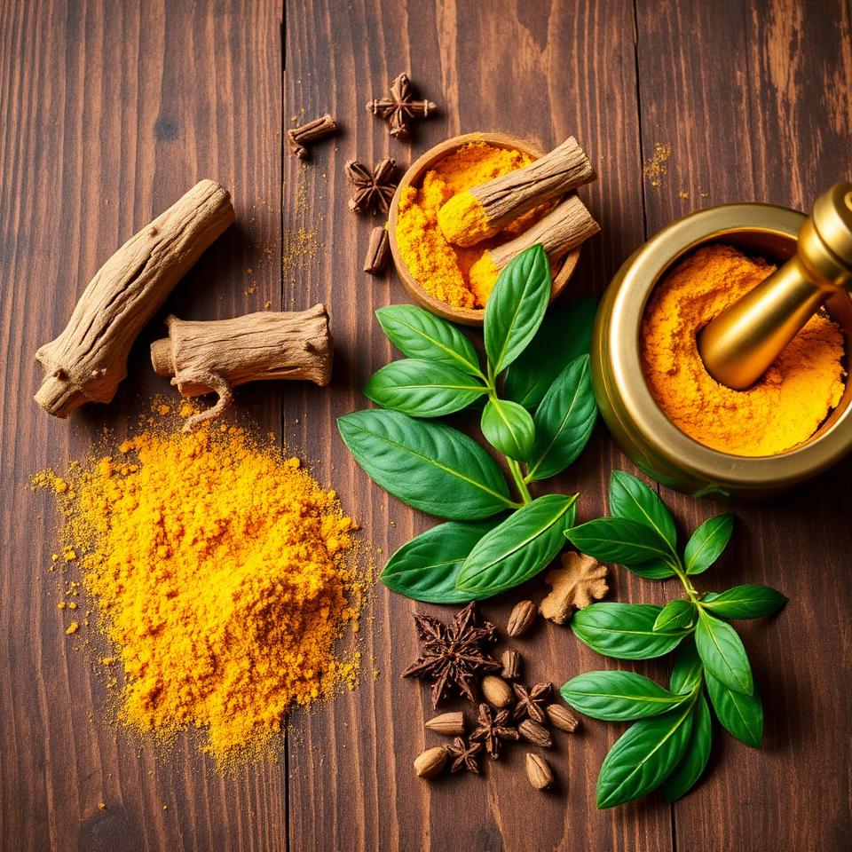 Ancient Ayurvedic herbs and spices flat lay with turmeric powder, ashwagandha root, tulsi leaves, and brass mortar on rustic wood
