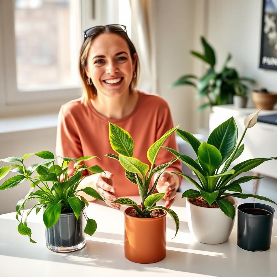 Smiling woman holding beginner houseplants including snake plant, pothos, and peace lily on a bright table