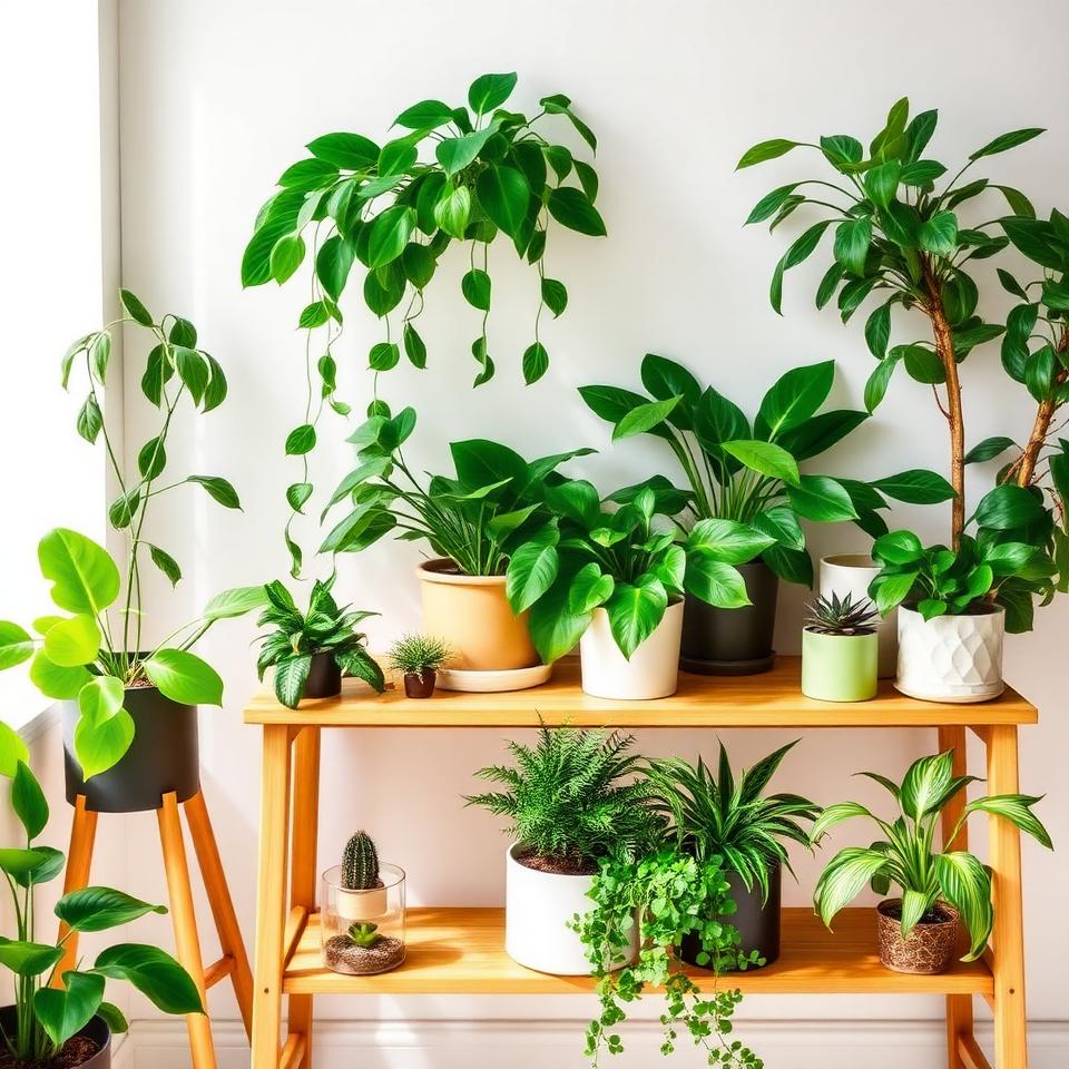 Collection of ten beginner-friendly indoor plants on a wooden plant stand with trailing pothos and cacti