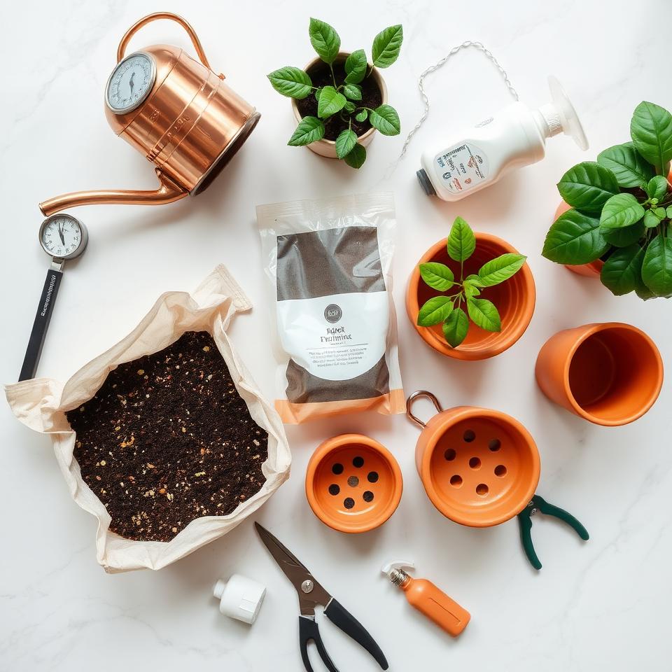 Flat lay of indoor plant care essentials with copper watering can, moisture meter, potting soil, and terracotta pots