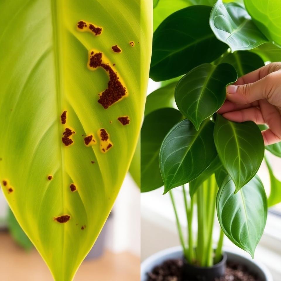 Close-up of common houseplant problems showing yellowing leaf with brown spots and hand checking plant health