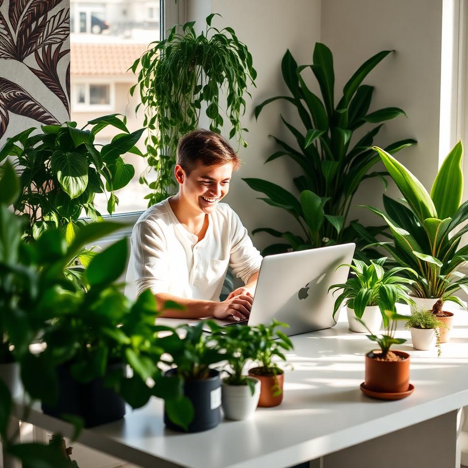 Person working happily at desk surrounded by lush indoor plants in a bright home office