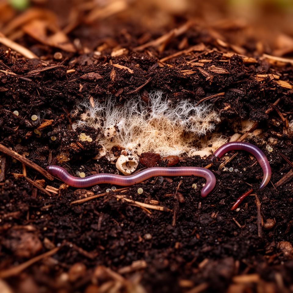 Close-up of rich compost decomposition with earthworms and fungi mycelium breaking down organic matter in dark soil