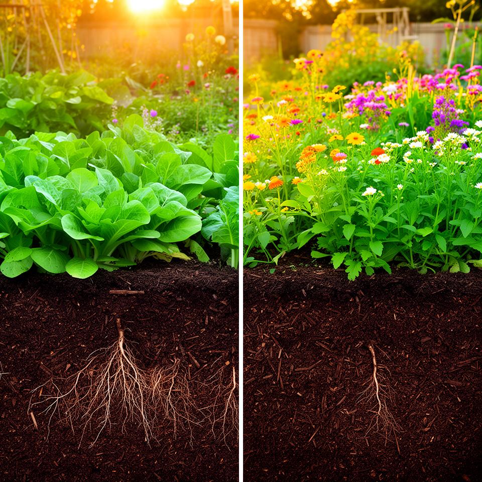 Lush garden with healthy vegetables and flowers growing in compost-amended soil, split view showing root structure underground