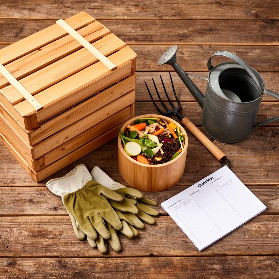 Beginner composting setup with wooden bin, kitchen scraps collector, pitchfork, gloves, watering can and checklist on rustic surface