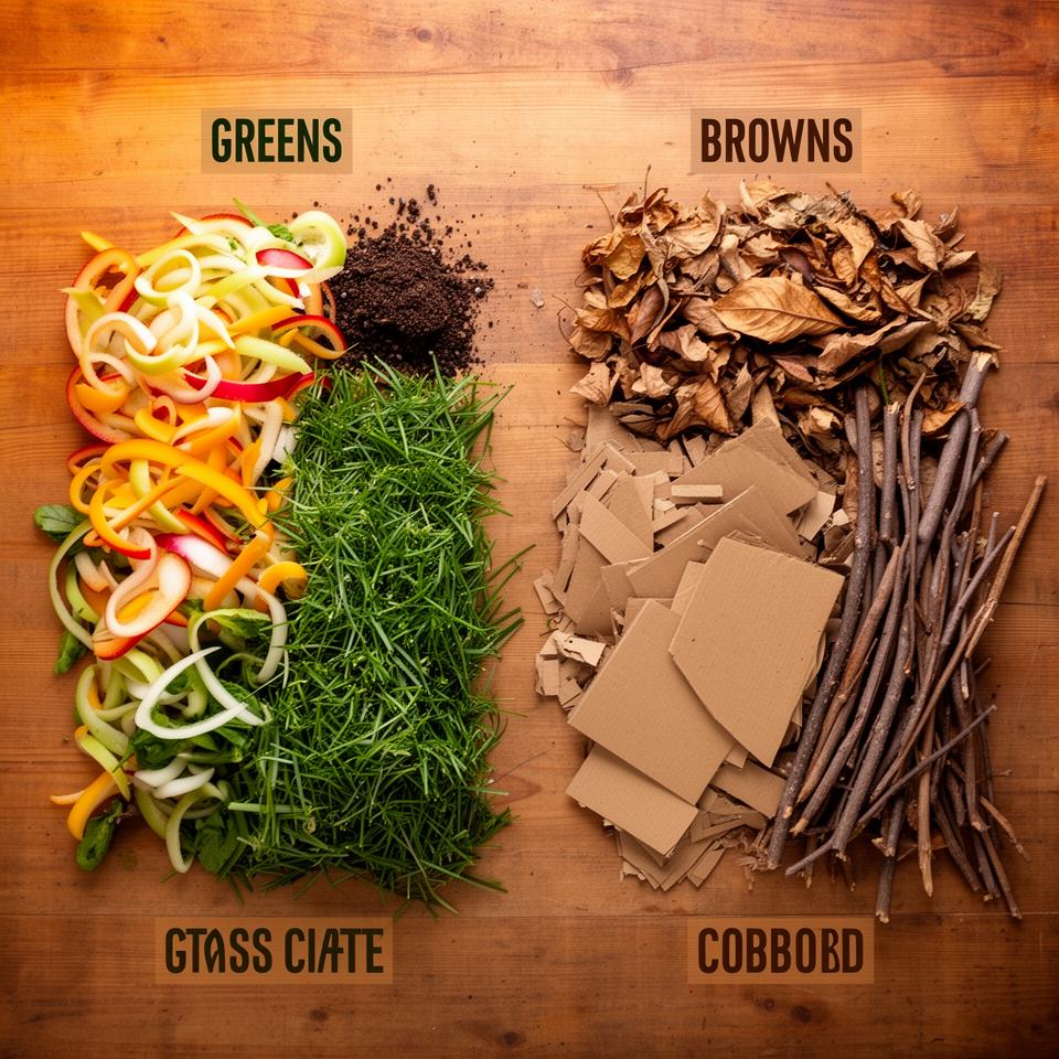 Top-down view of composting greens and browns materials separated, vegetable peels and grass clippings versus dried leaves and cardboard