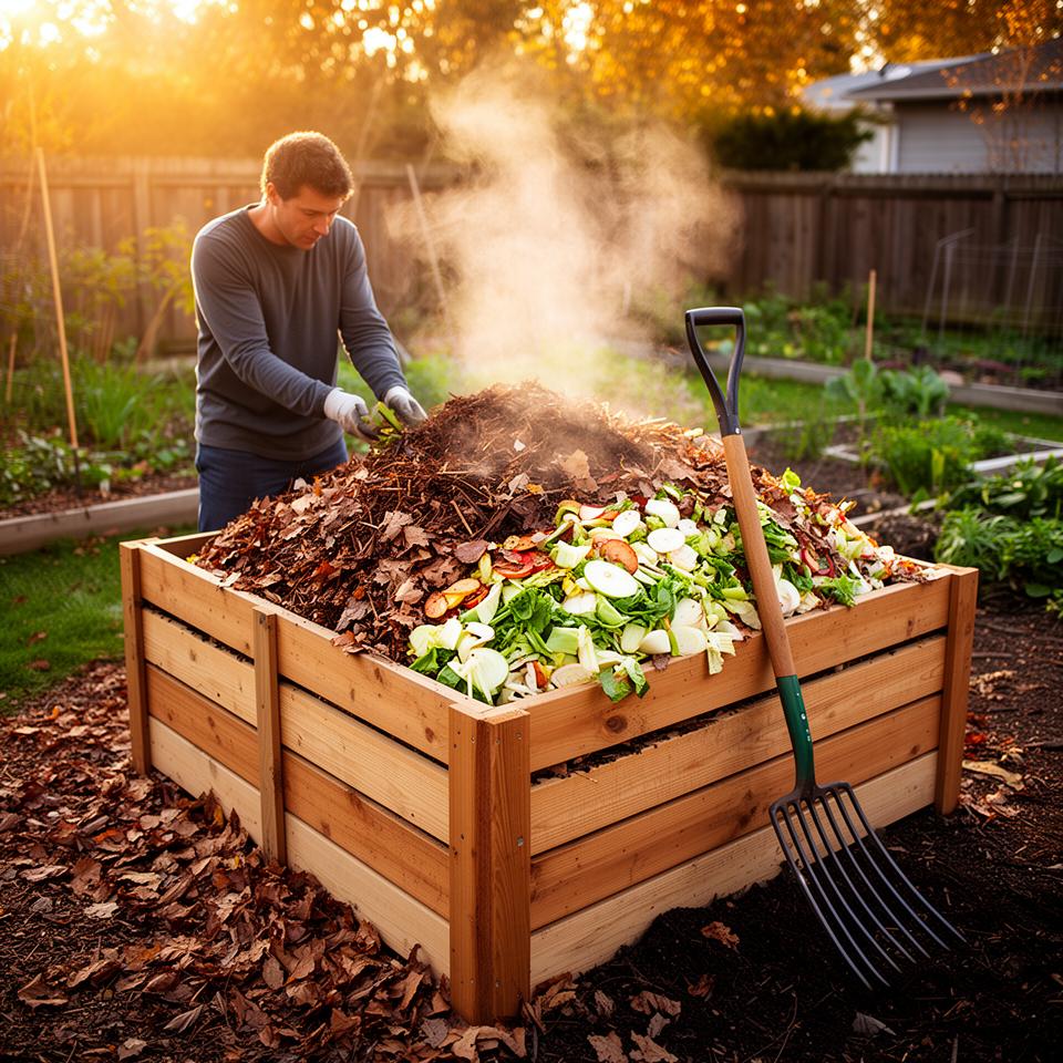 Person building layered compost pile in wooden bin with alternating browns and greens, steam rising from active decomposition