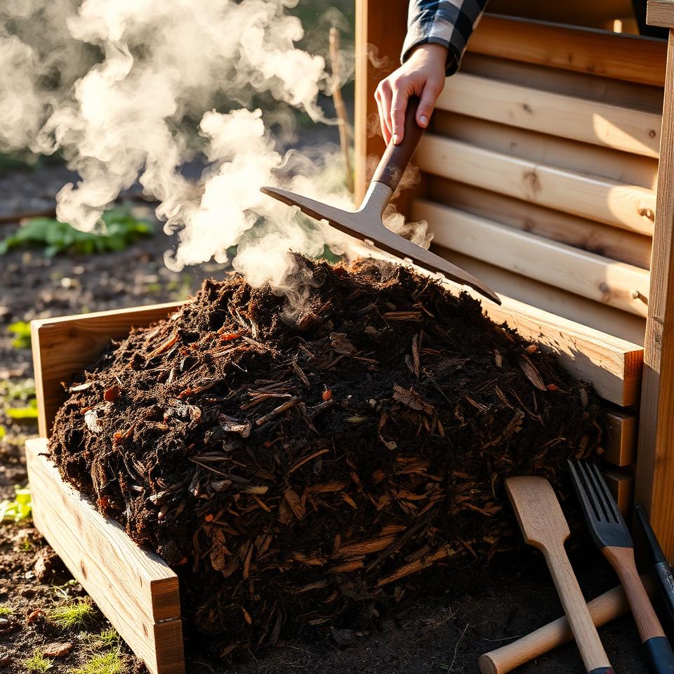 Person turning steaming compost pile in wooden bin with pitchfork and garden tools nearby at golden hour