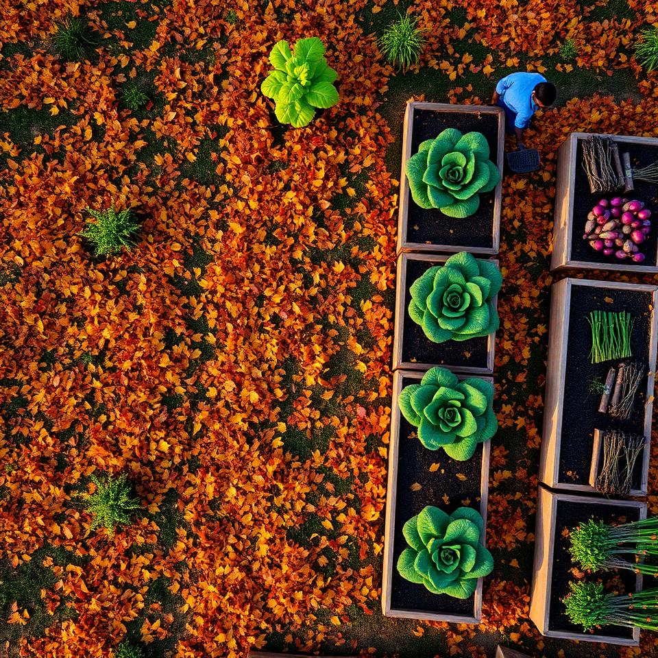 Aerial view of autumn garden with golden leaves, raised beds with kale and root vegetables at golden hour