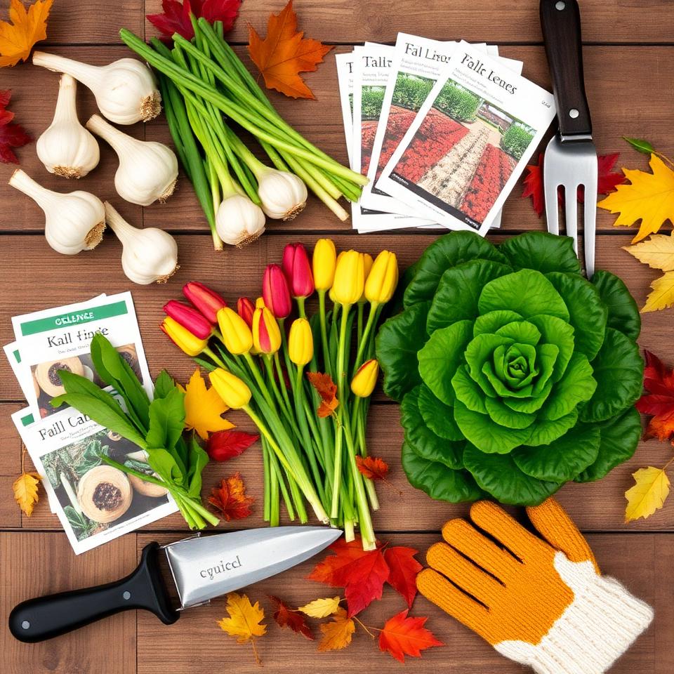 Flat lay of autumn planting supplies with garlic bulbs, tulip bulbs, kale, seed packets, and garden gloves