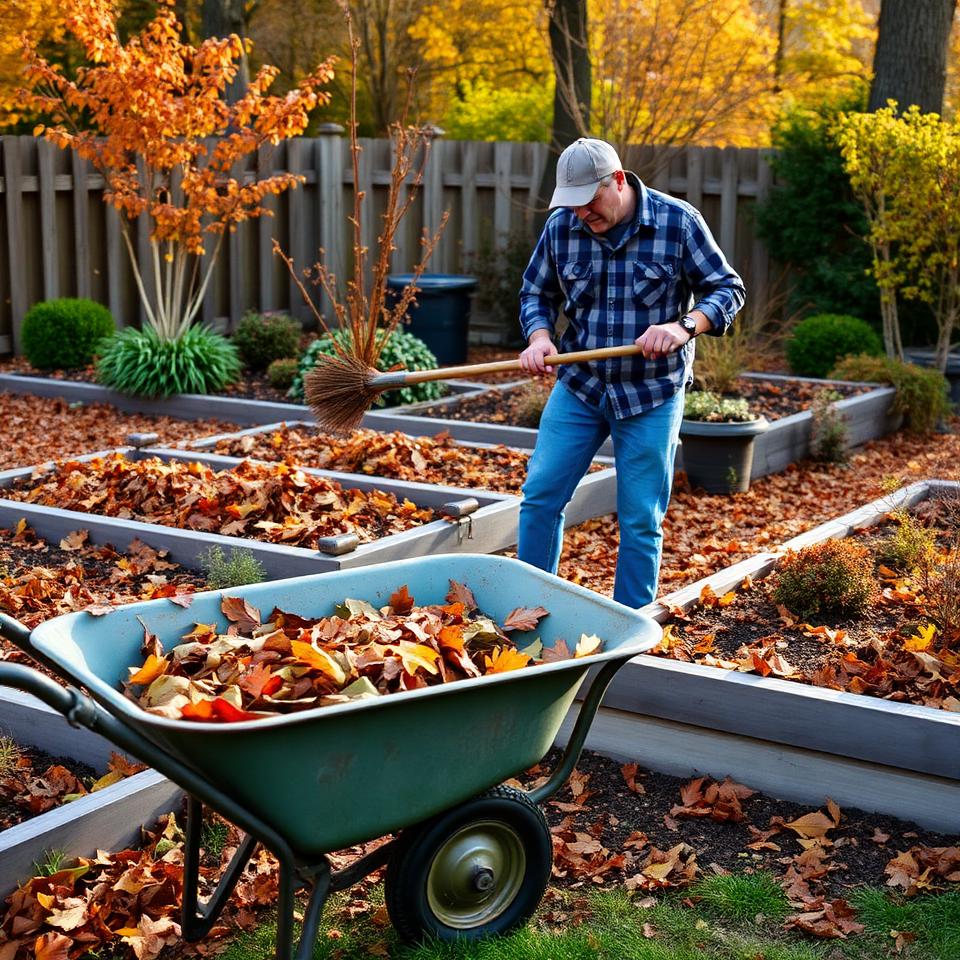 Gardener raking autumn leaves near raised garden beds with wheelbarrow full of garden waste