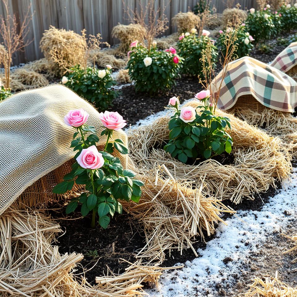 Rose bushes wrapped in burlap and straw mulch for winter protection with frost on the ground