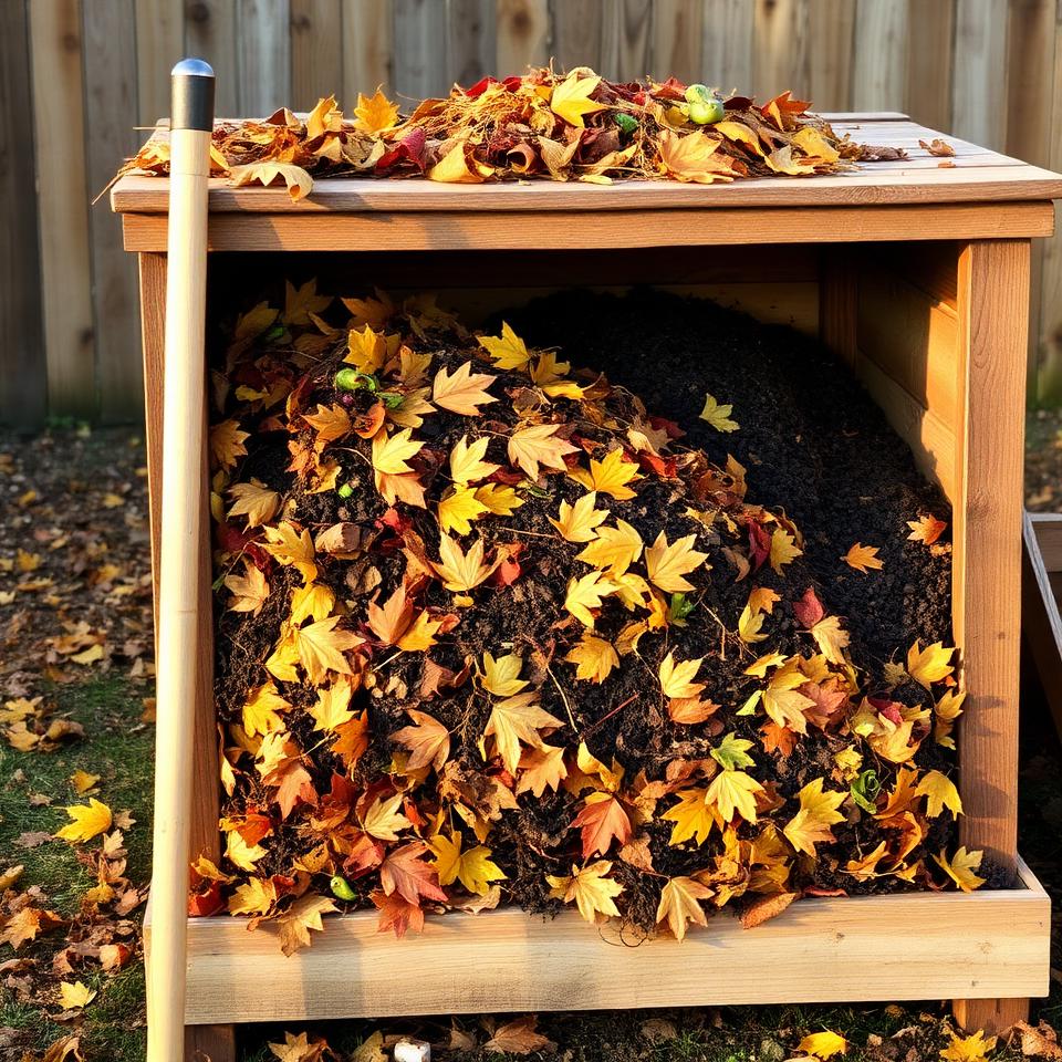 Wooden compost bin with autumn leaves and rich dark compost in a backyard at golden hour