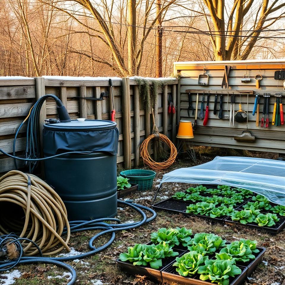 Garden being winterized with covered rain barrel, cold frame over lettuce beds, and tools stored on shed wall