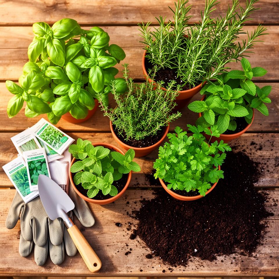 Overhead flat lay of herb garden setup with basil, rosemary, thyme, mint and parsley in terracotta pots on rustic wooden potting bench with gardening tools