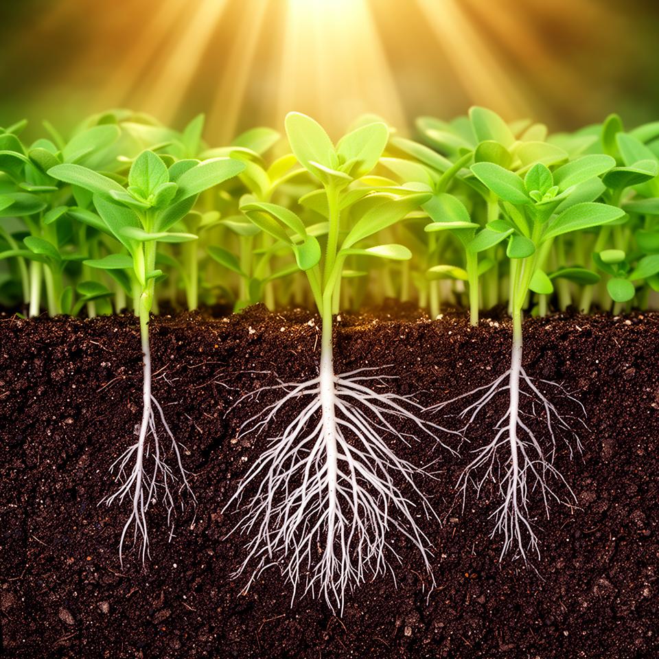 Cross-section view of herb seedlings showing healthy root systems in rich soil with warm sunlight beams above