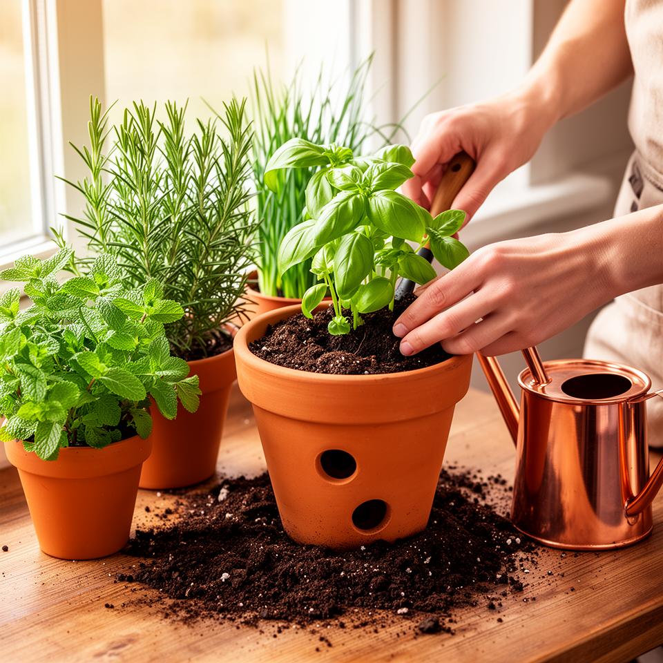 Hands planting basil seedling into terracotta pot surrounded by freshly potted herbs with copper watering can on kitchen windowsill