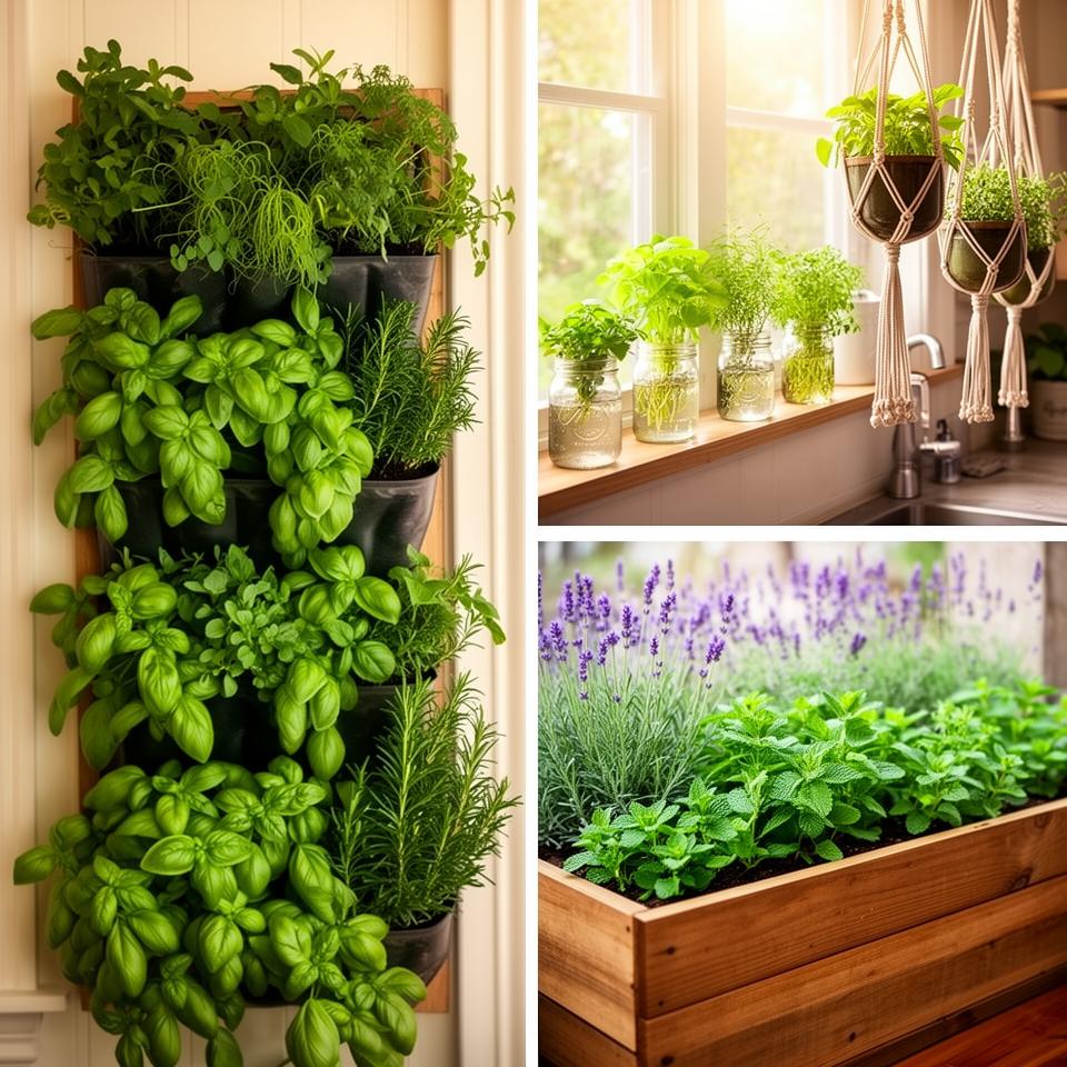 Split scene showing indoor herbs on windowsill and outdoor herb spiral garden with sunlight streaming in