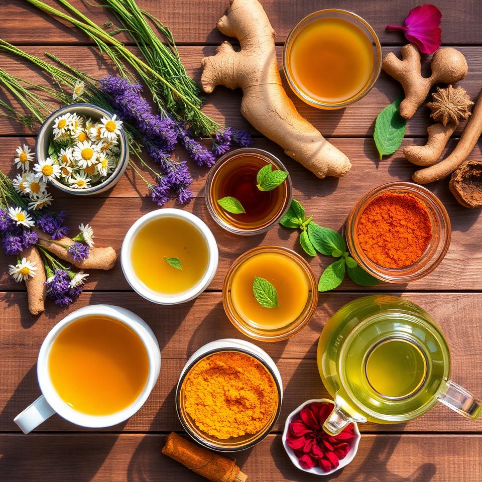 Overhead flat lay of diverse herbal teas in cups with chamomile flowers, lavender, ginger, peppermint, and turmeric on wooden table