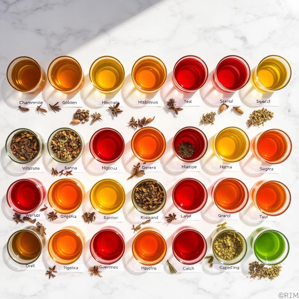 Grid of 20 different herbal teas in glass cups showing colors from golden chamomile to deep red hibiscus with dried herbs