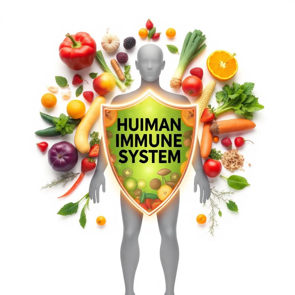 Human immune system concept with shield made of fresh fruits vegetables and herbs for natural immunity