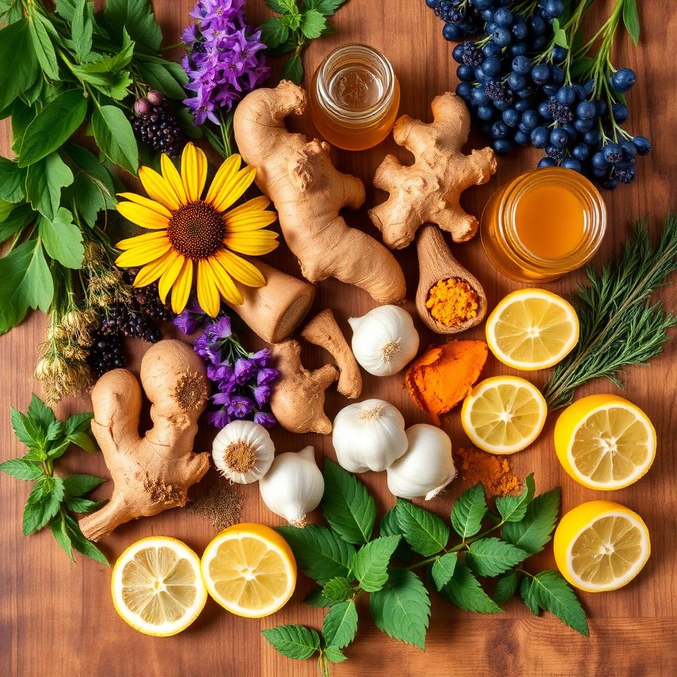 Collection of immune boosting herbs including echinacea, elderberry, ginger, garlic, turmeric, and honey on wooden table