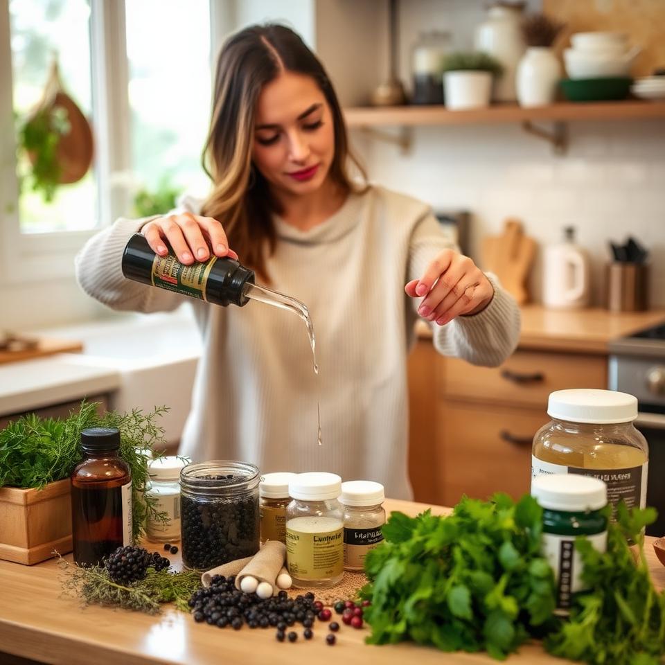 Woman preparing immune-boosting herbal remedies at home with elderberry syrup and fresh herbs