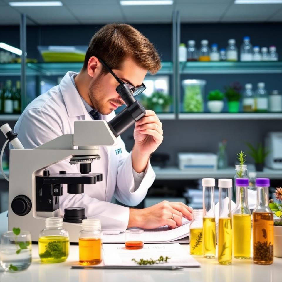 Scientist studying immune-boosting plant compounds under microscope with herbal extracts in test tubes