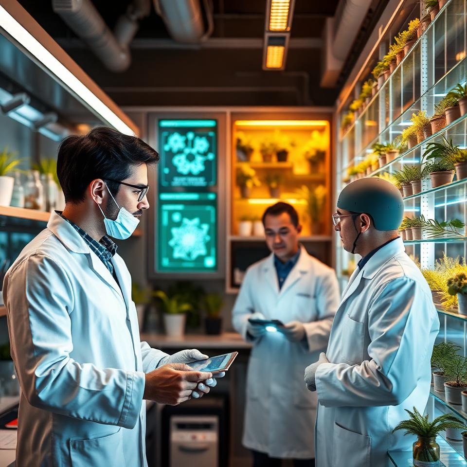 Futuristic botanical research laboratory with scientists analyzing plant compounds on holographic displays alongside shelves of medicinal herbs
