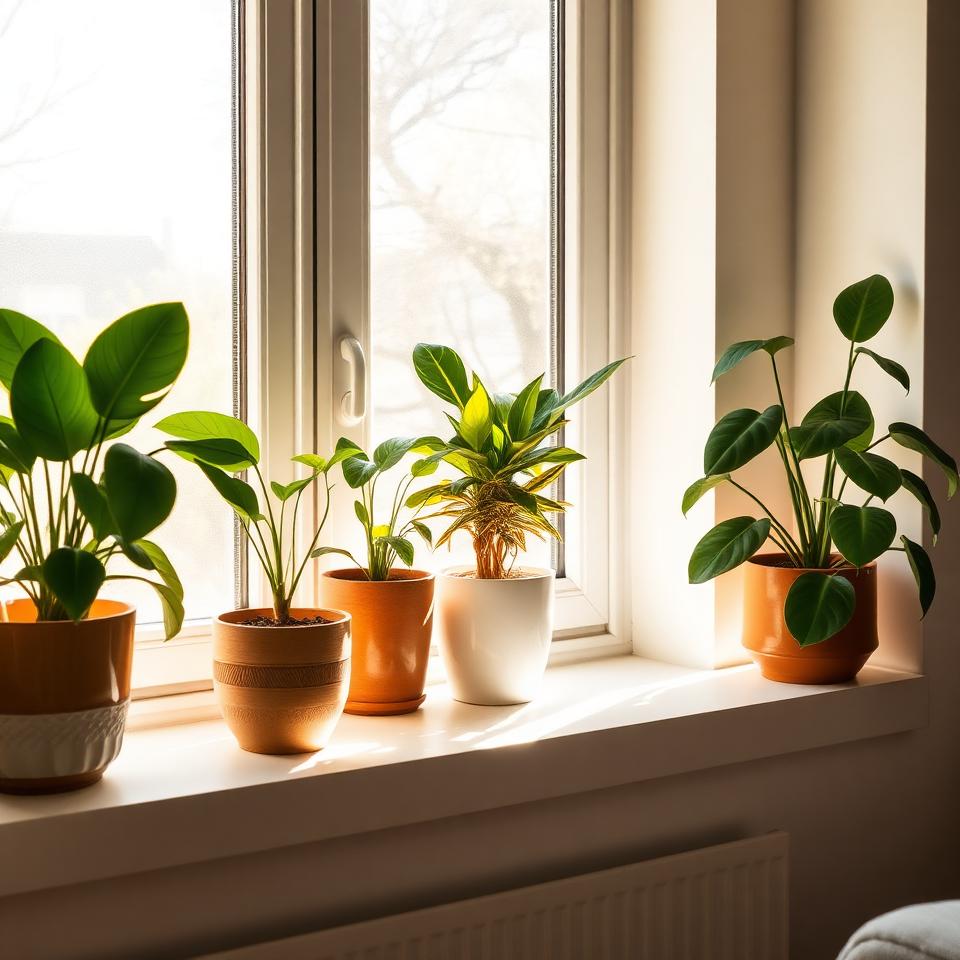 Diverse indoor houseplants in ceramic pots on a bright windowsill receiving warm morning sunlight