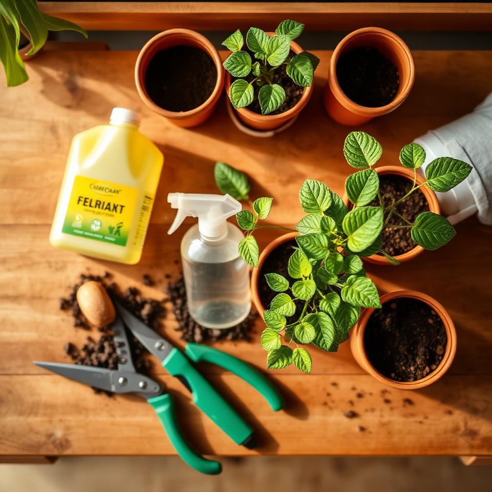 Flat lay of indoor plant care supplies with watering can, moisture meter, potting soil, and pruning shears