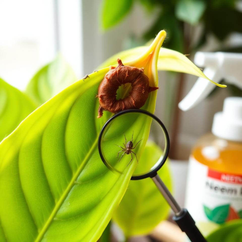 Close-up of houseplant leaf with pest damage being examined with magnifying glass and neem oil spray nearby