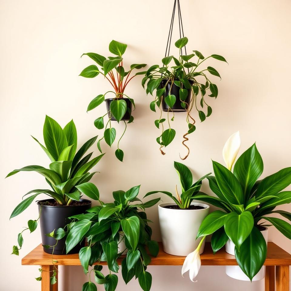 Beginner-friendly houseplants on a wooden shelf including pothos, peace lily, and hanging planters