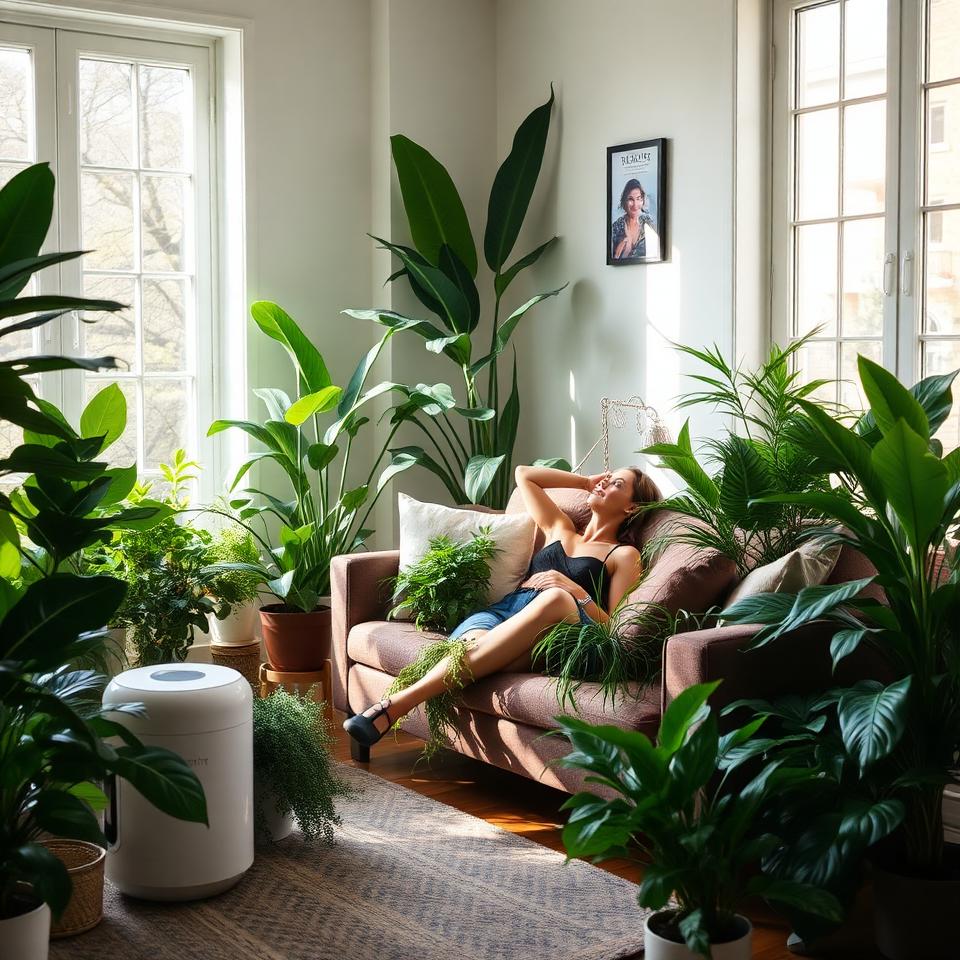 Woman relaxing on couch in a lush green living room filled with indoor plants and sunlight