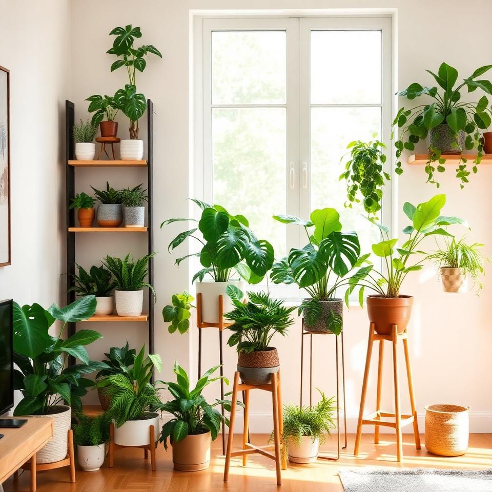 Diverse collection of indoor houseplants on shelves and plant stands in bright modern living room