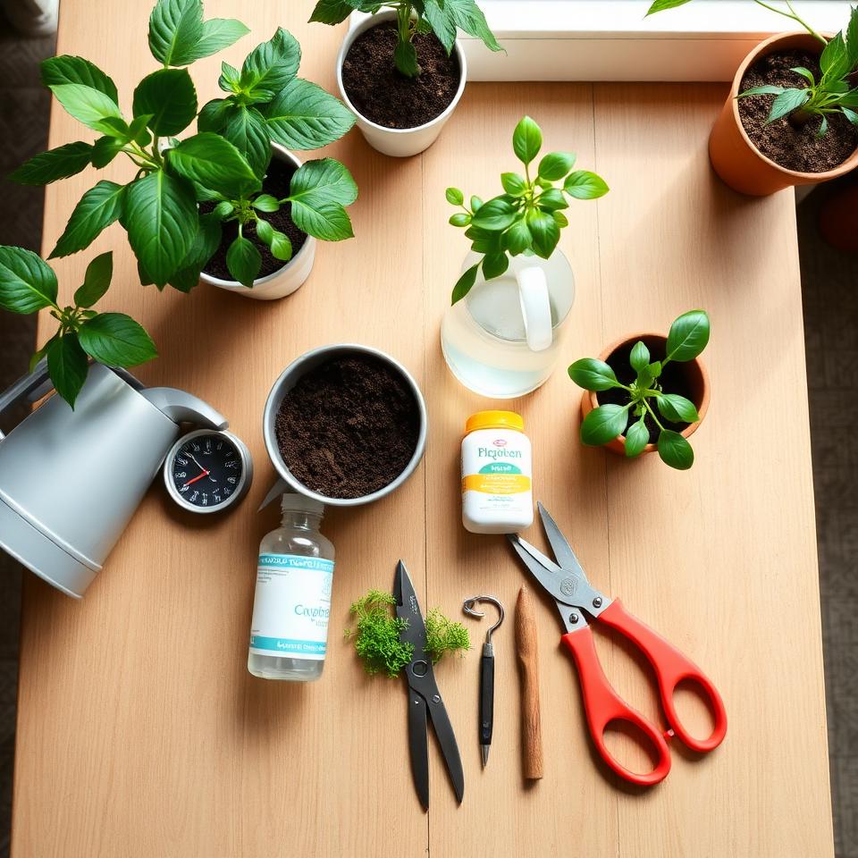Indoor plant care essentials flat lay with watering can, moisture meter, potting soil, and pruning shears