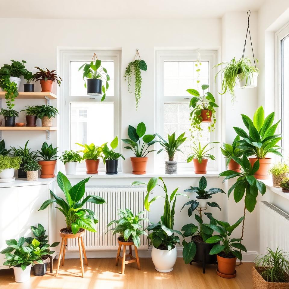 Beautiful curated collection of 50 different houseplants in a bright modern home with biophilic design