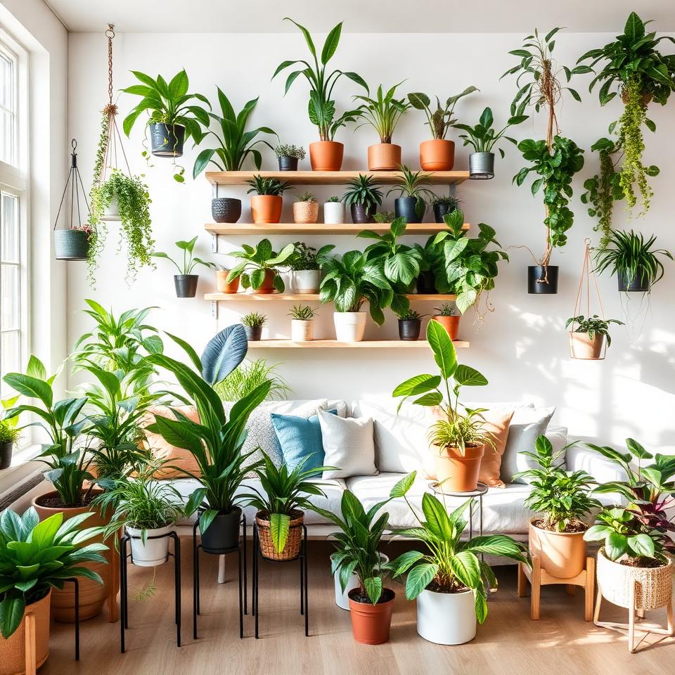 Beautiful curated collection of 50 different indoor houseplants in bright modern living room with shelves and hanging planters