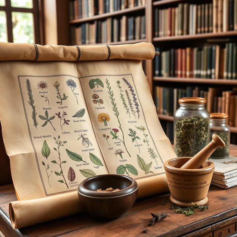 Ancient scroll with botanical illustrations of medicinal plants alongside mortar and pestle in warm library