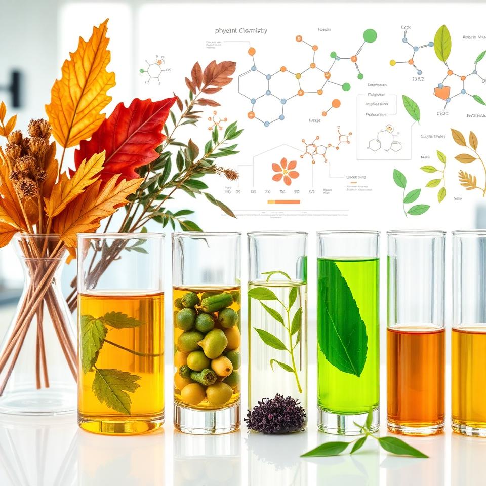Phytochemistry concept with colorful plant extracts in laboratory glassware and molecular structure diagrams