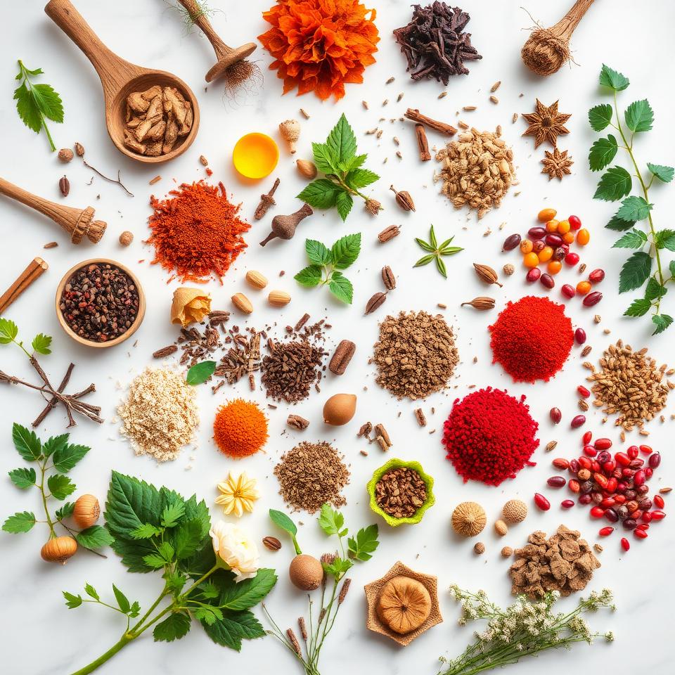 Overhead flat lay of 20+ diverse medicinal plants and herbs organized by category on white marble
