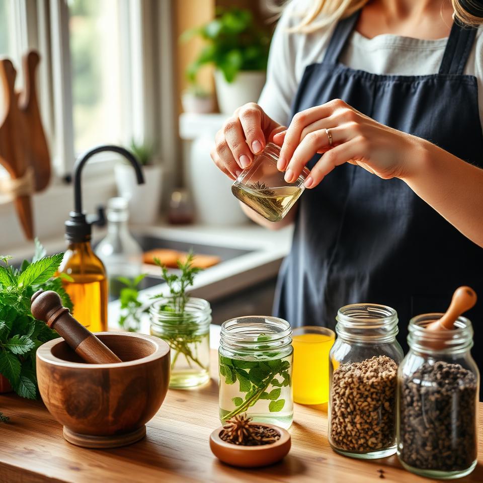 Person preparing herbal tea and natural remedies at home kitchen with fresh medicinal herbs and tincture bottles