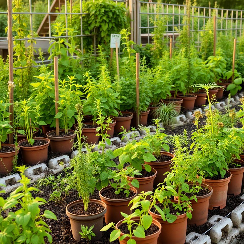 Sustainable medicinal herb garden with diverse plants growing in permaculture design at golden hour