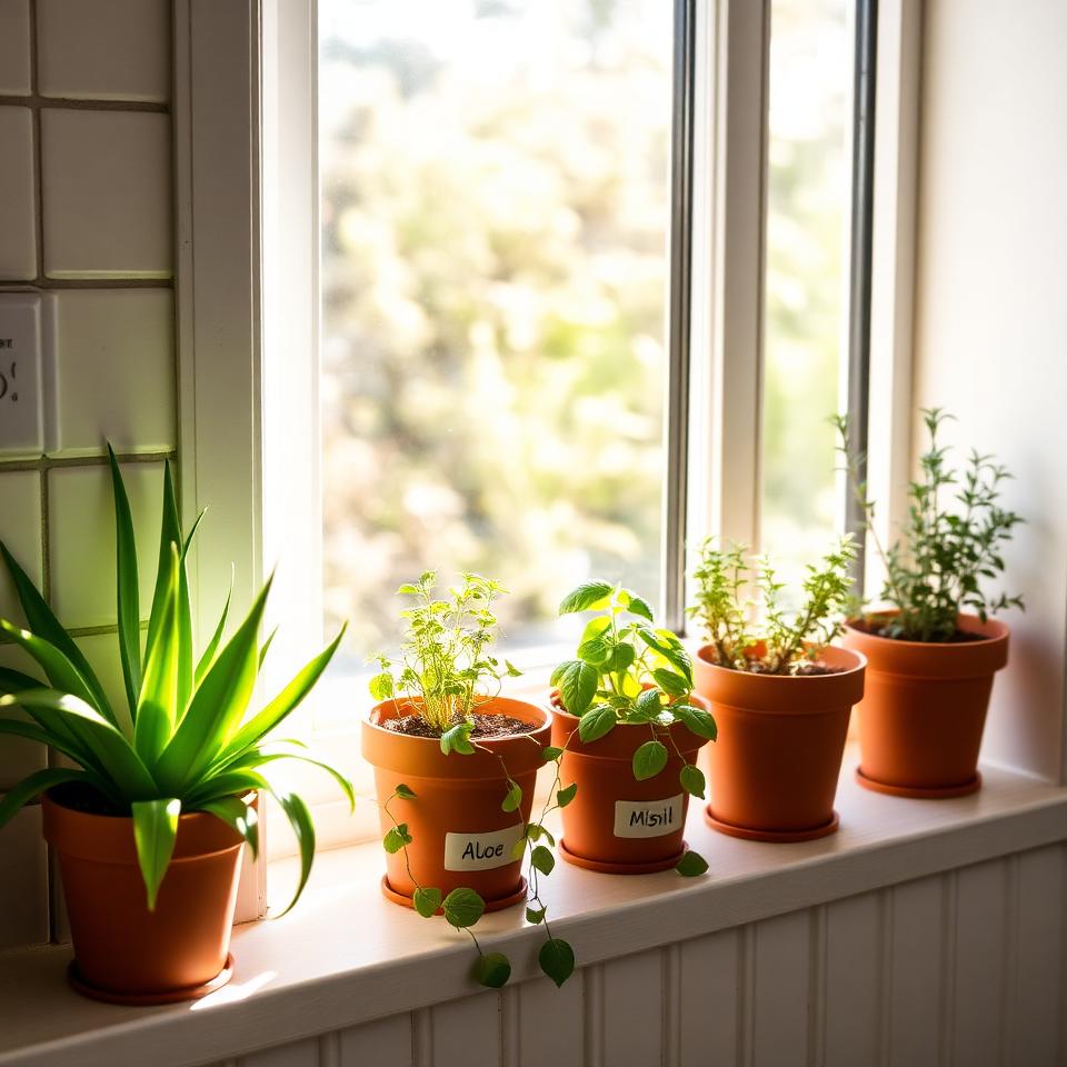 Kitchen windowsill herb garden with labeled medicinal plants in terracotta pots including aloe vera and mint