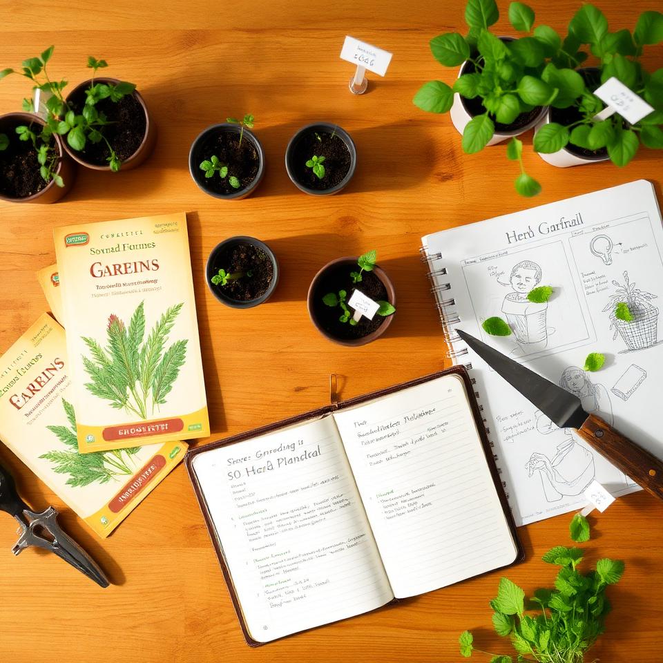 Flat lay of herb garden planning essentials with seed packets, seedlings, gardening journal, and tools